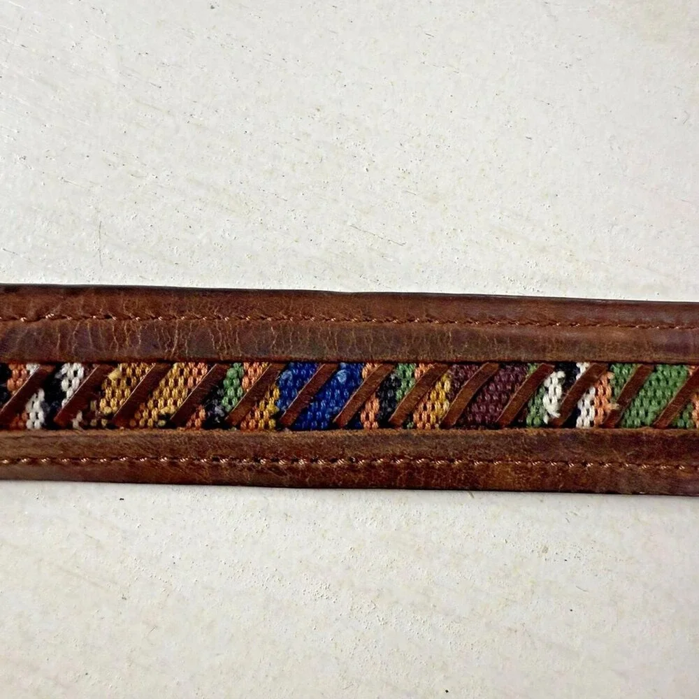 Columbia Vintage‎ Brown Leather Belt with Guatemalan Fabric Inlay Size 44